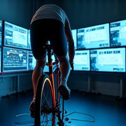 Ciclista su un simulatore con sensori di movimento applicati